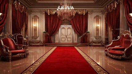 Opulent palace interior with red carpet, velvet drapes and golden accents