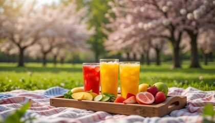 Vibrant Fruit Juices on a Wooden Tray in a Park