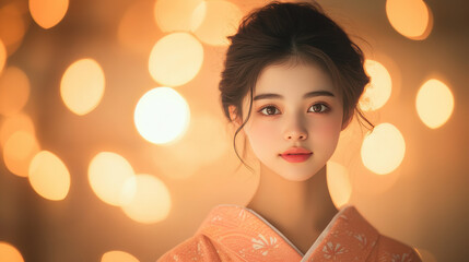 Gorgeous young Japanese woman in floral kimono stands gracefully, with soft lighting creating warm atmosphere.