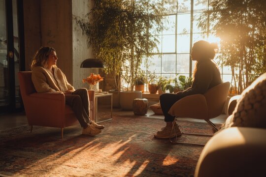 A therapist and patient engage in conversation within a warm and inviting room. Sunlight streams through the window, creating a peaceful atmosphere Generative AI
