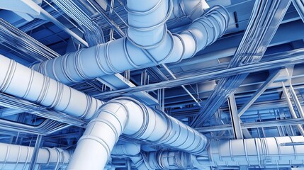 Complex Industrial Piping System with Blue Tones for Engineering Concepts