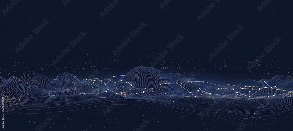 Poster abstract landscape with glowing lines and connecting dots against a dark background