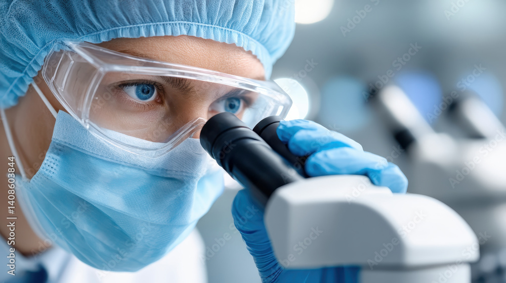 Poster medical technology telemedicine automation concept. scientist in laboratory using microscope for res