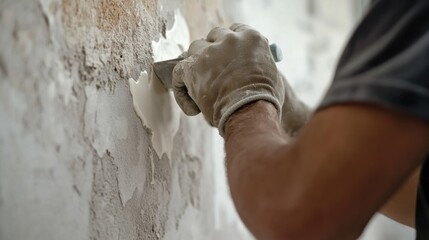 A construction worker sealing cracks in a wall with caulk. Featuring attention to detail