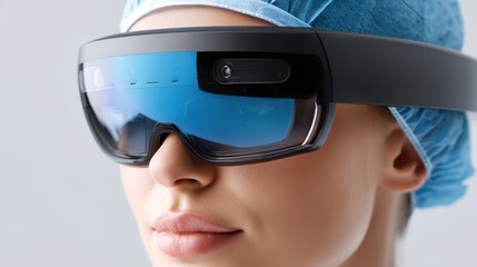 Medical technology telemedicine automation concept. Medical Professional Using Augmented Reality Glasses in Modern Healthcare Setting