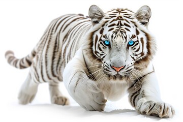 Obraz premium White tiger leaping forward muscles visible sharp claws extended blue eyes glowing isolated a white background