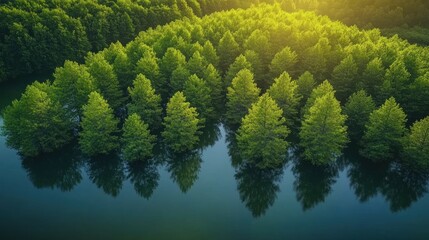 Aerial View of Lush Green Trees Reflected in Calm Water