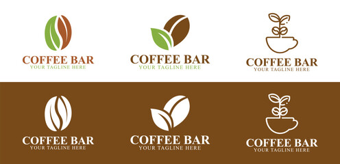 Set of coffee logos with coffee beans, leaves, and cup vector illustrations on a white background