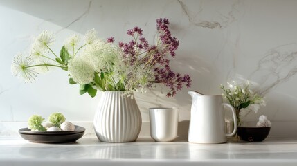 A white vase with a delicate bouquet of white and purple flowers on a marble countertop. The sun casts light over the arrangement, creating a sense of warmth and tranquility.  