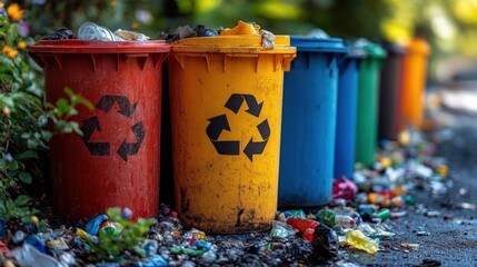 Naklejka premium Colorful Recycling Bins Overflowing with Waste: A Call for Environmental Responsibility