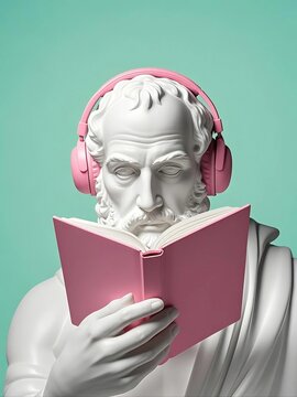 Modern Classic: Marble Philosopher Bust Wearing Pink Headphones and Reading Book &ndash; Surreal Pop Art Concept