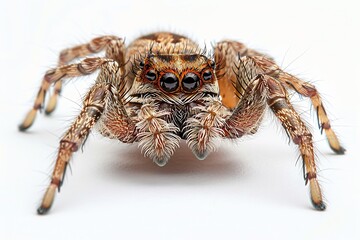 Wolf spider leaping hairy leg stretched forward detailed eye structure motion freeze frame white background