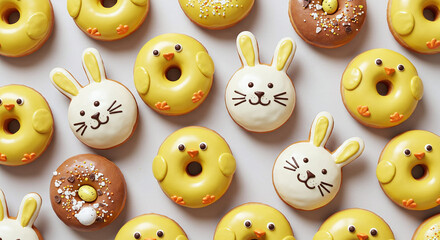 Obraz premium Cute Easter-themed donuts with chicks and bunnies