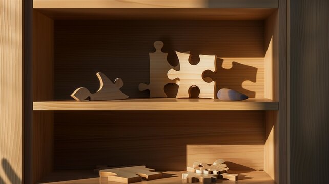 Photorealistic image of a wooden puzzle on a shelf with other playthings