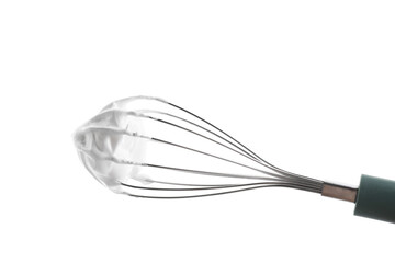 Whisk with delicious cream isolated on white