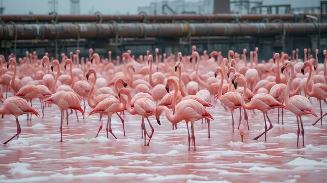 Flock of Flamingos in Industrial Wastewater Pond