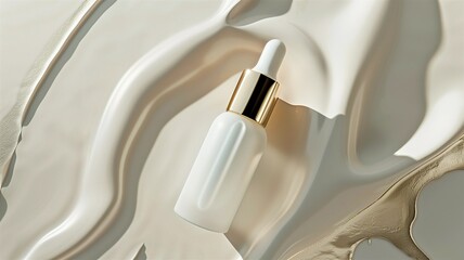 Photorealistic image of a serum dropper in a skincare flat lay