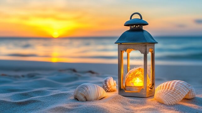 Coastal Sunset Lantern on Sandy Beach