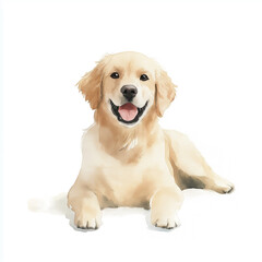 Obraz premium Watercolor illustration of a golden retriever smiling while lying on white background