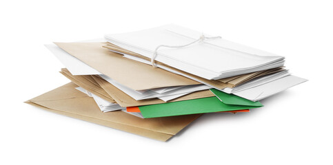 Stack of different paper envelopes on white background. Post office
