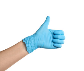 Doctor in medical glove showing thumbs up on white background, closeup