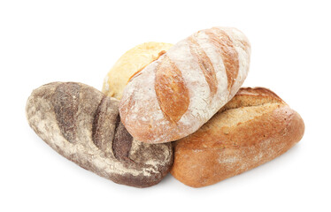 Different loaves of freshly baked bread isolated on white