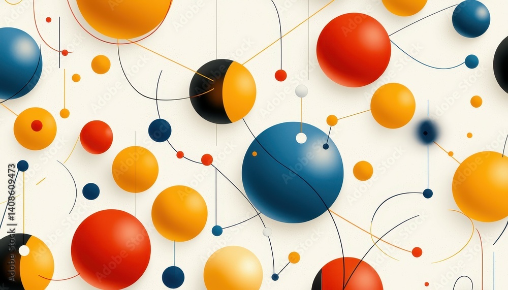 Poster abstract colorful spheres and lines in a dynamic composition.
