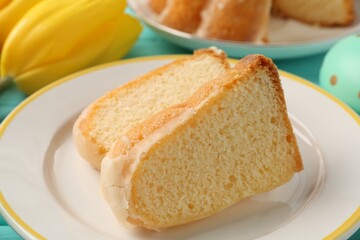 Pieces of delicious bundt cake on table, closeup