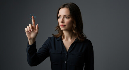 A woman interacting with a futuristic interface, touching a virtual screen with her finger.