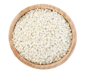 Sesame seeds in bowl isolated on white, top view