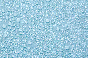 Many water drops on light blue background