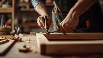 Carpenter assembling wooden cabinet frame in a workshop. Featuring craftsmanship and skill