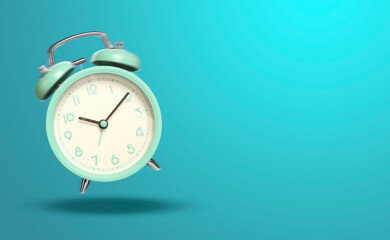 Turquoise alarm clock ringing and jumping on light blue background. Banner design with space for text