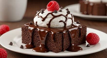 Delicious chocolate brownie topped with cream and raspberry tempting dessert delight