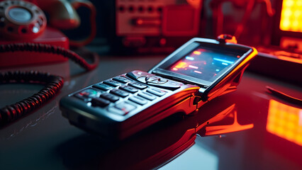 Retro Flip Phone on a Reflective Surface
