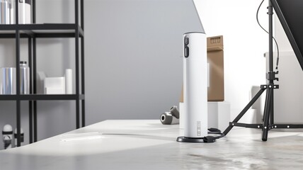 Photorealistic image of a cordless magnetic topping tag in a modern studio setting
