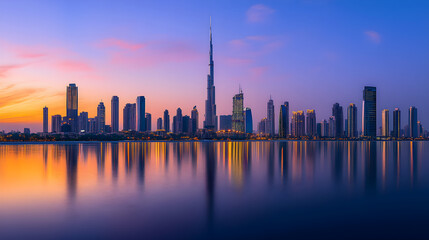 Fototapeta premium A Majestic Symphony: The Breathtaking Urban Skyline as Day Meets Night