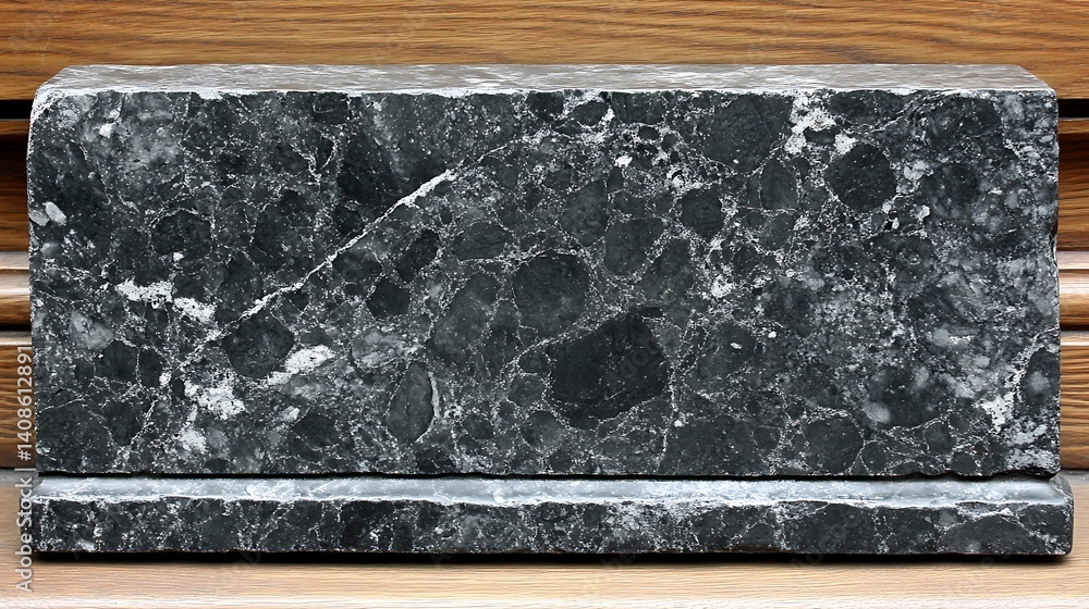 Poster striking block of patterned dark stone slab display presentation concept