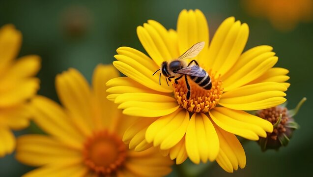 The image shows a bee on a flower, serving as a pollinator. The photo captures a close-up view of the bee interacting with the flower