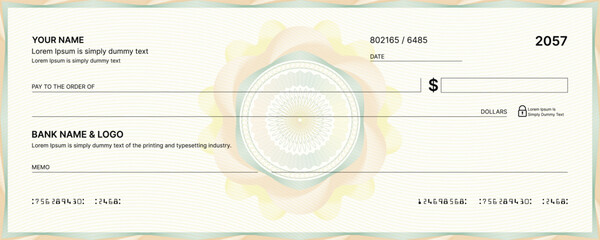 Blank bank check, checkbook cheque template or money payment paper voucher, vector mockup. Business or personal account cash pay cheque certificate or paycheck coupon from checkbook