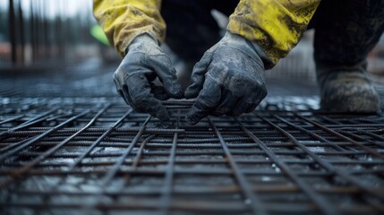 A construction worker securing steel reinforcement bars. Featuring precision and structure