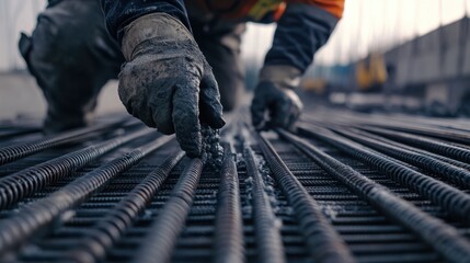 A construction worker securing steel rods for concrete reinforcement. Featuring strength and precision