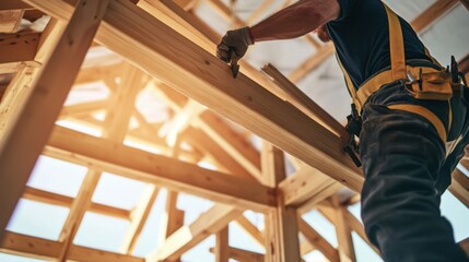Carpenter building a wooden frame for a door. Featuring focus and accuracy
