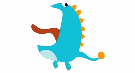 Cute and colorful cartoon illustration of a friendly blue dinosaur with orange spikes and a long tongue