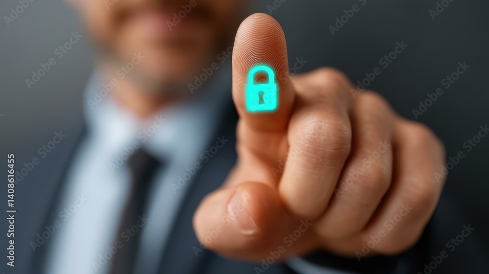 Poster a businessman interacts with a virtual access control screen, emphasizing the importance of biometri