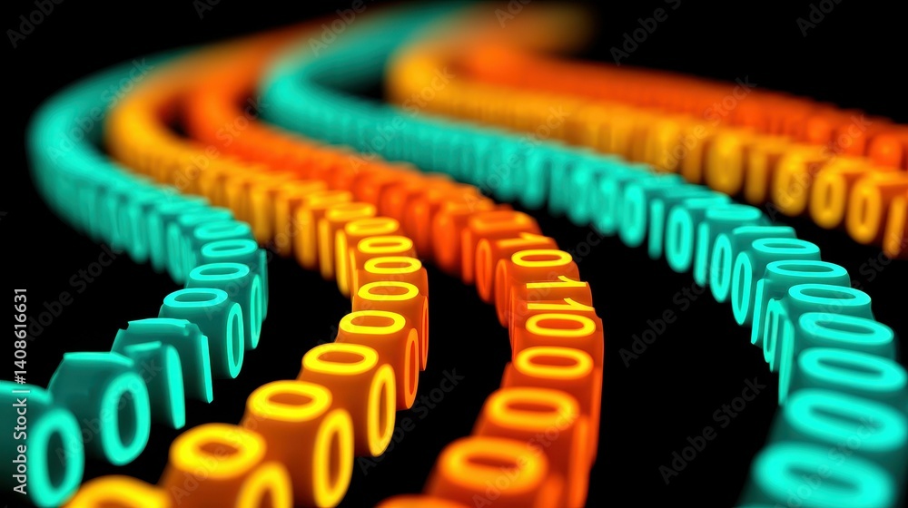 Poster a vibrant curved pathway flows with binary code, blending green, orange, and blue for a techinspired