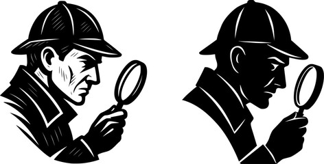 Detective Silhouette Vector Set with Magnifying Glass – Classic Side View Noir Style Illustrations for Mystery, Crime, Investigation, Logo, Book Cover, and Branding Projects