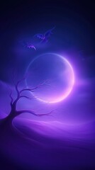 Obraz premium Witches Flying Under a Glowing Moon in Mystical Purple and Black Tones Over on Halloween Night