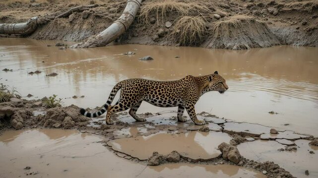 Leopard Walks Along Muddy Riverbank in India