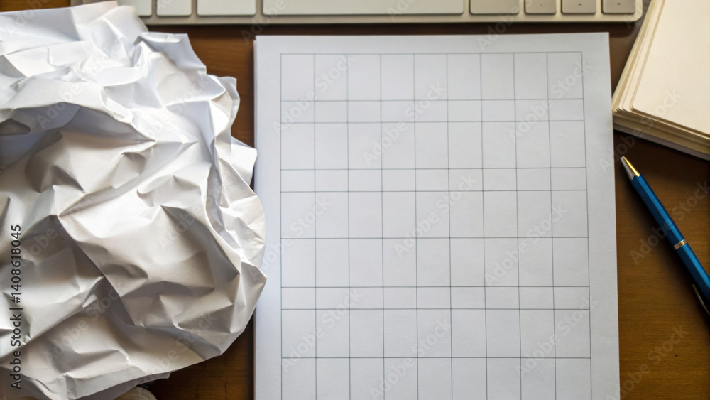 Poster crumpled paper and blank sheet on wooden desk create scene of creativity and productivity in office 